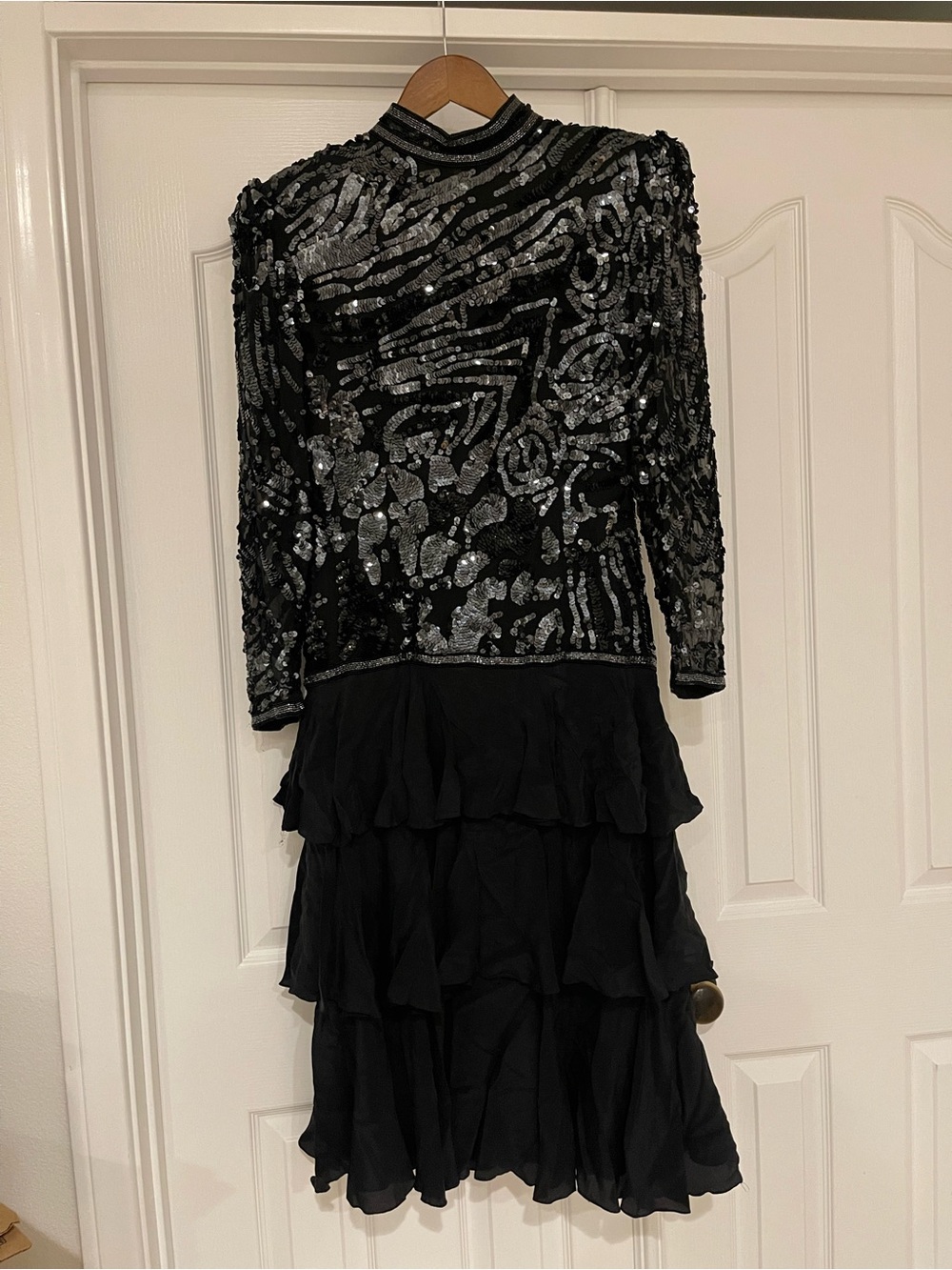 Alyce Designs Silk Black Sequined Tiered Evening Dress 10 vintage